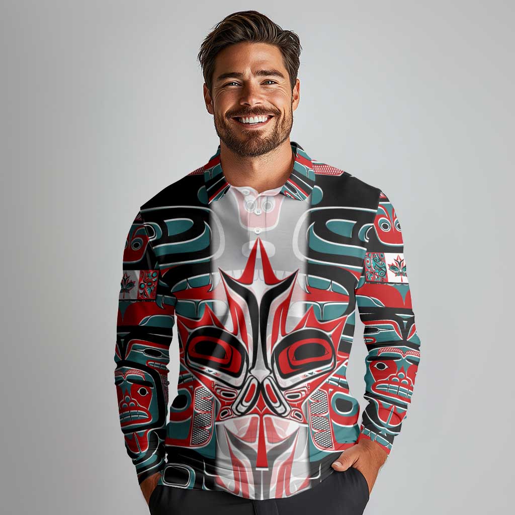 Canada Coat of Arms Haida Long Sleeve Polo Shirt Maple Leaf Flag Indigenous Art