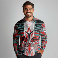 Canada Coat of Arms Haida Long Sleeve Polo Shirt Maple Leaf Flag Indigenous Art