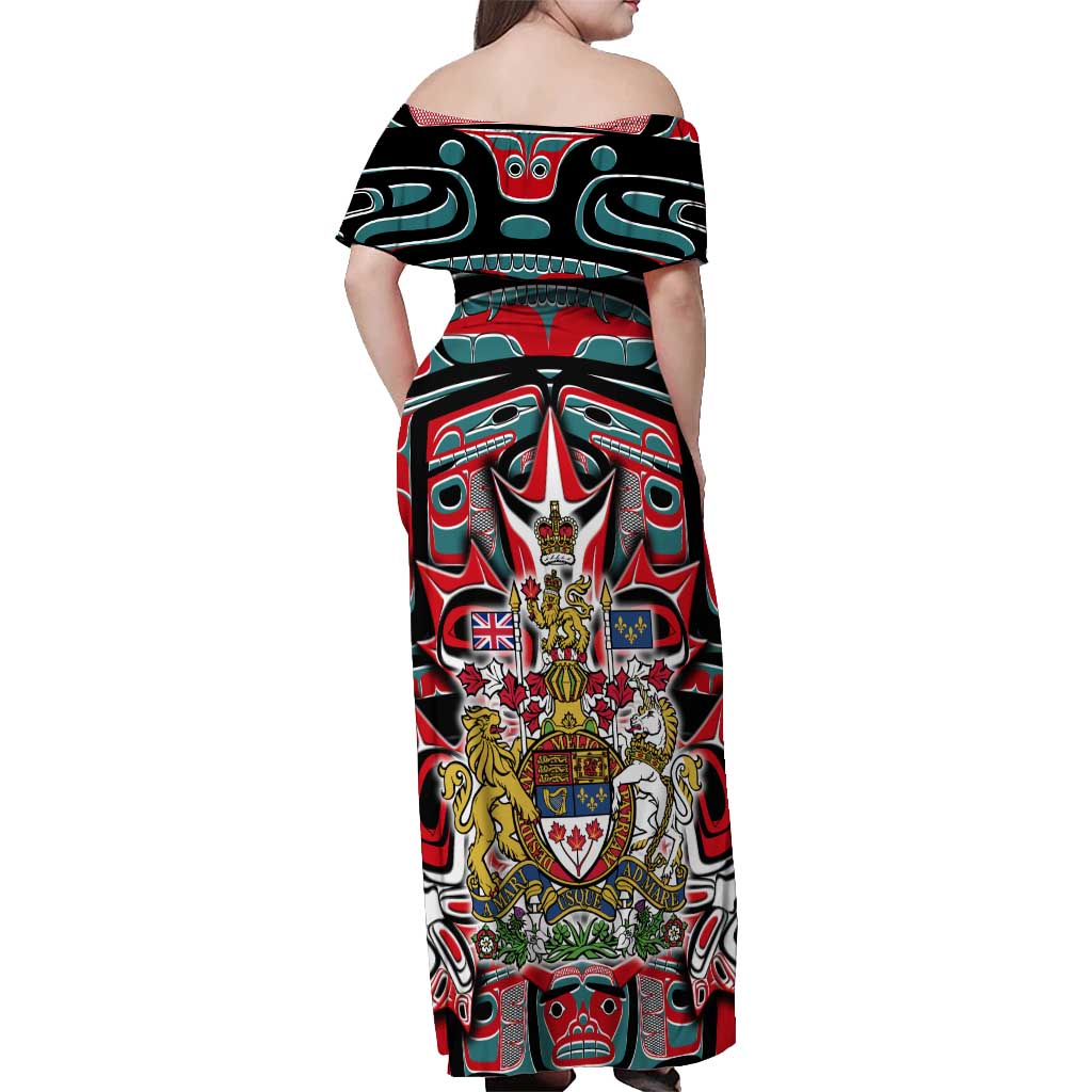 Canada Coat of Arms Haida Off Shoulder Maxi Dress Maple Leaf Flag Indigenous Art