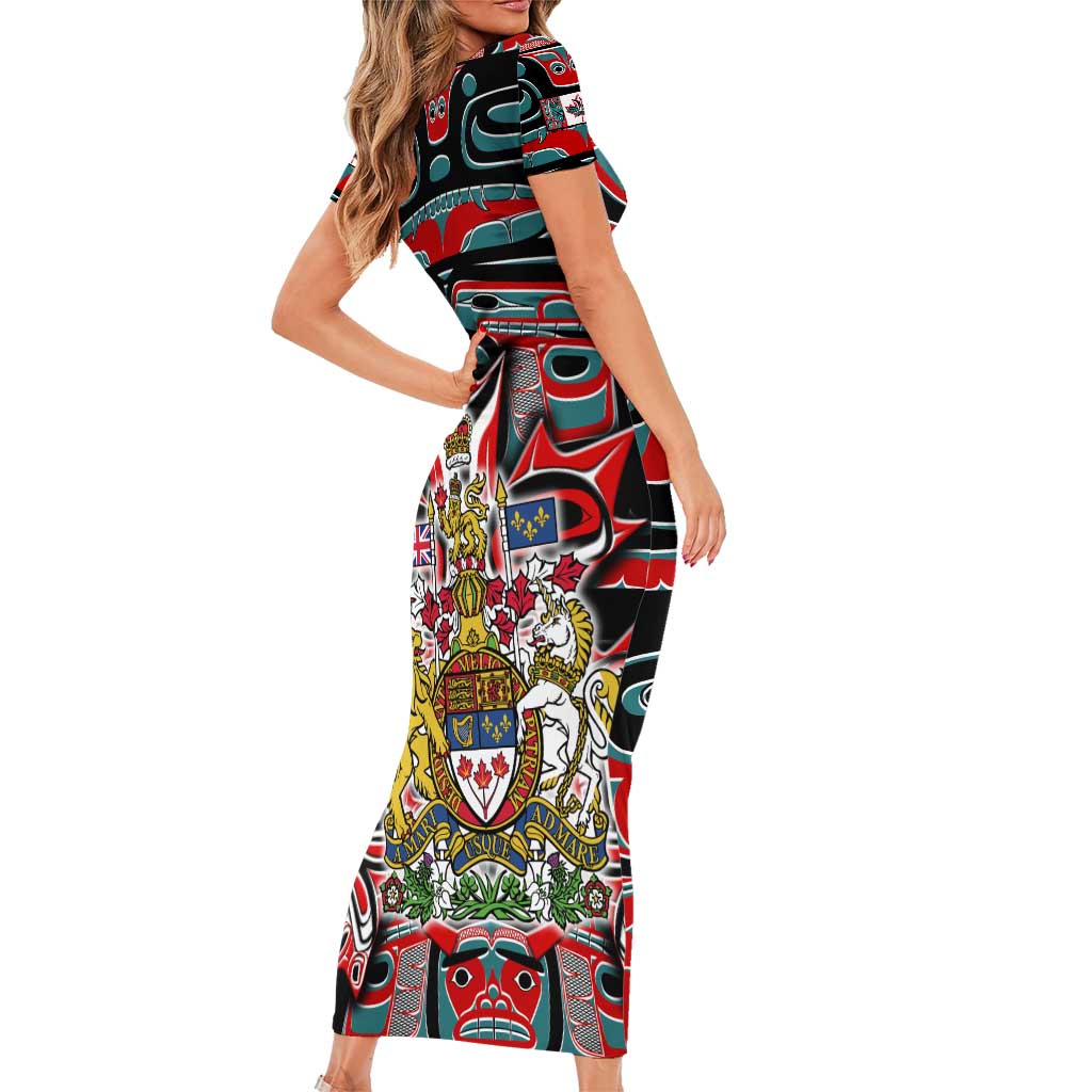 Canada Coat of Arms Haida Short Sleeve Bodycon Dress Maple Leaf Flag Indigenous Art
