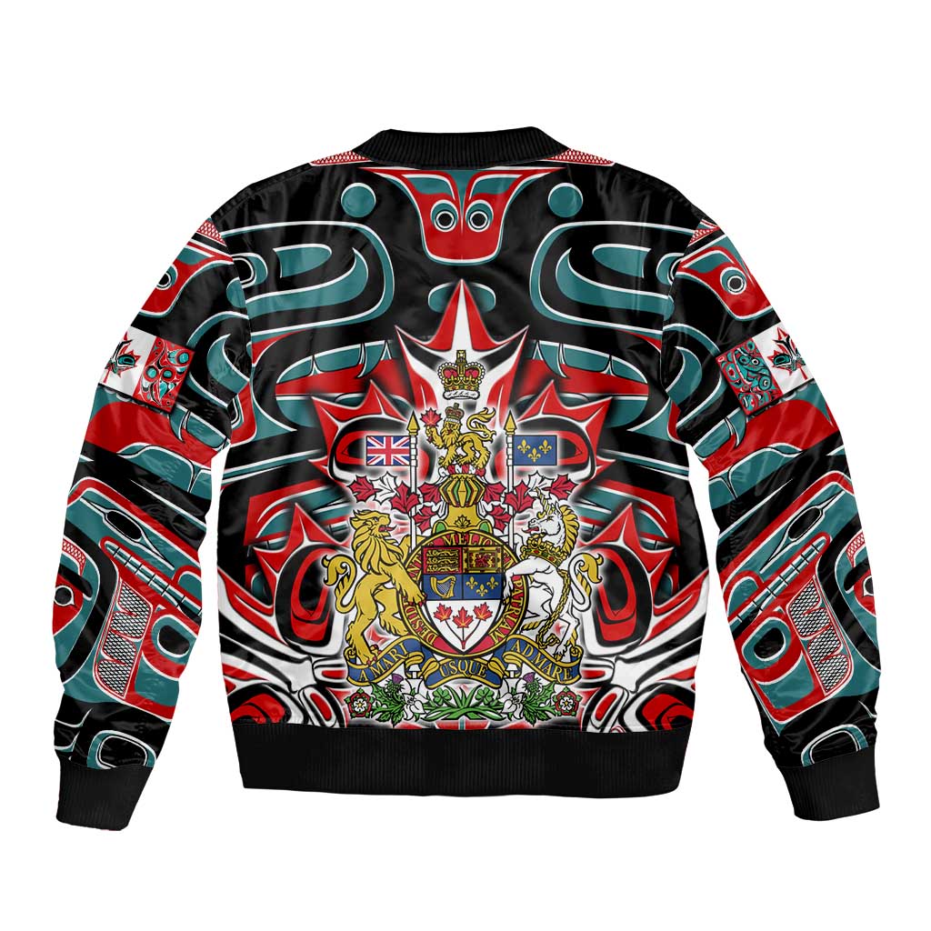 Canada Coat of Arms Haida Sleeve Zip Bomber Jacket Maple Leaf Flag Indigenous Art