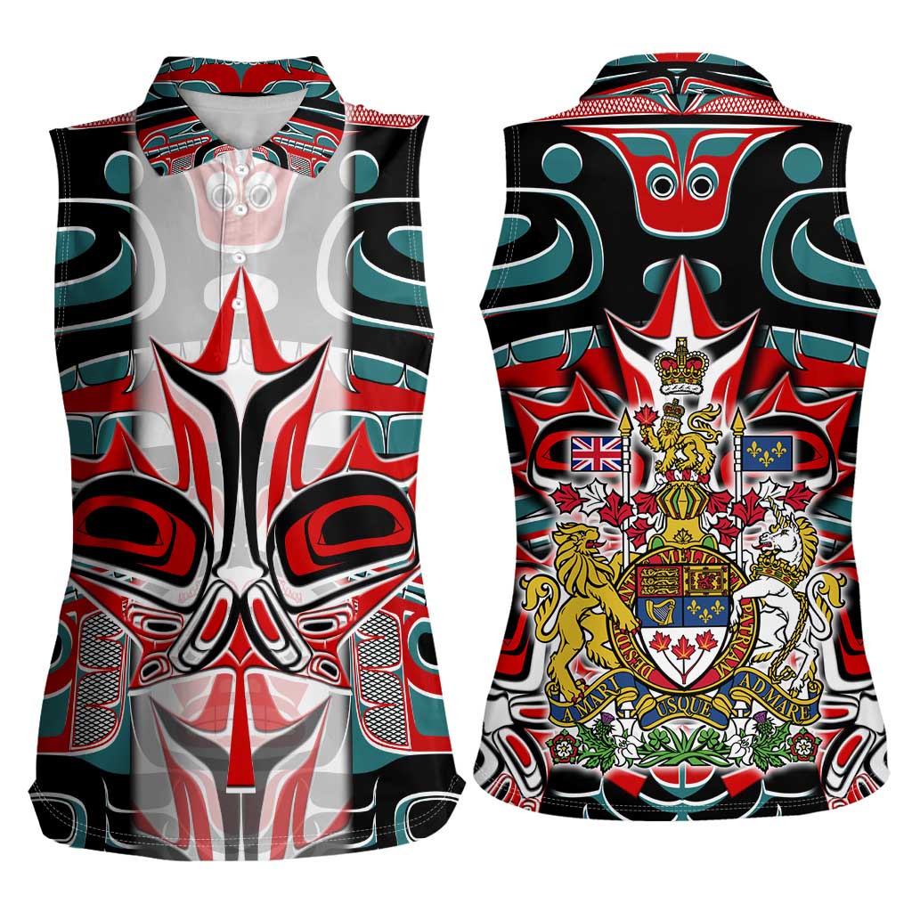 Canada Coat of Arms Haida Women Sleeveless Polo Shirt Maple Leaf Flag Indigenous Art