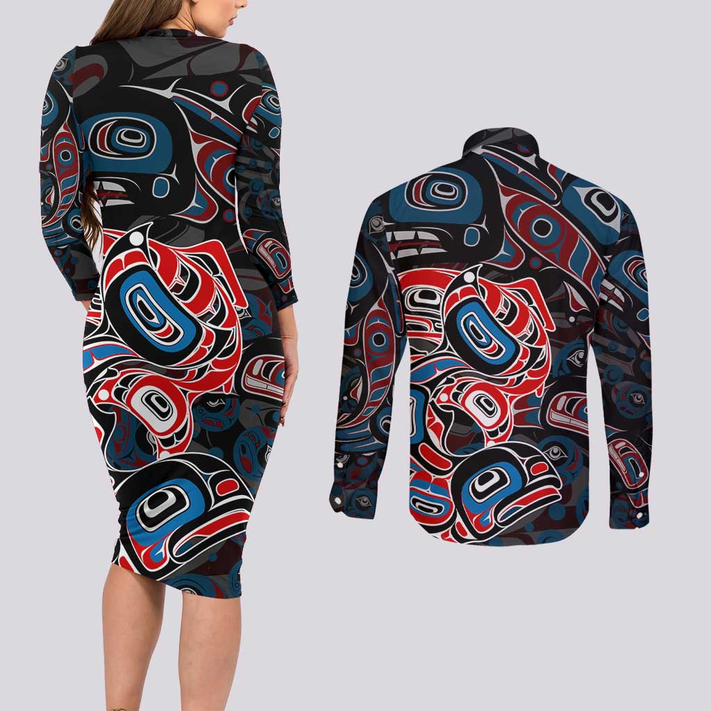 Haida Native Art Fish Couples Matching Long Sleeve Bodycon Dress and Long Sleeve Button Shirt Canada Indigenous Art