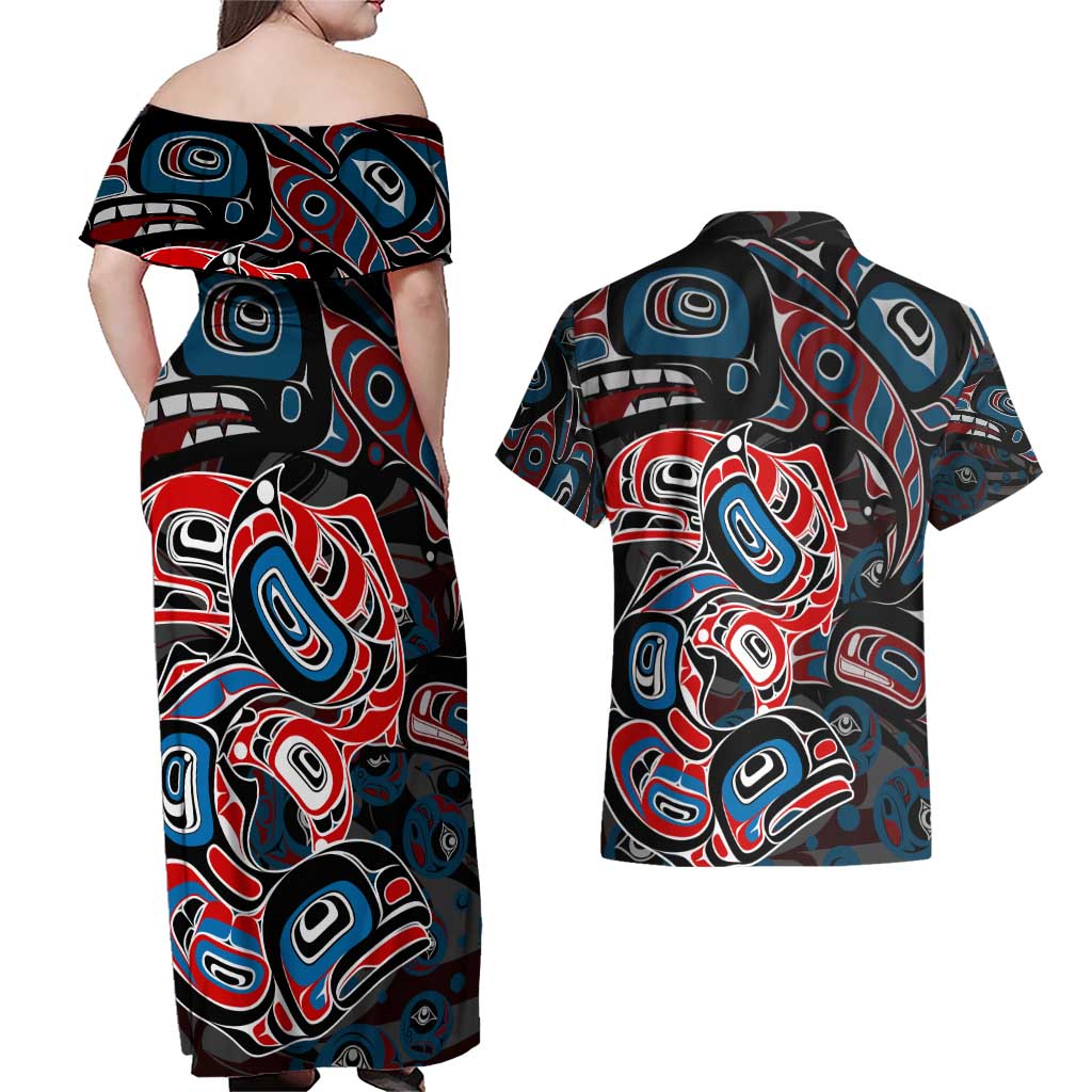 Haida Native Art Fish Couples Matching Off Shoulder Maxi Dress and Hawaiian Shirt Canada Indigenous Art