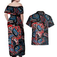 Haida Native Art Fish Couples Matching Off Shoulder Maxi Dress and Hawaiian Shirt Canada Indigenous Art