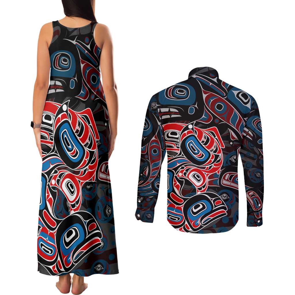 Haida Native Art Fish Couples Matching Tank Maxi Dress and Long Sleeve Button Shirt Canada Indigenous Art