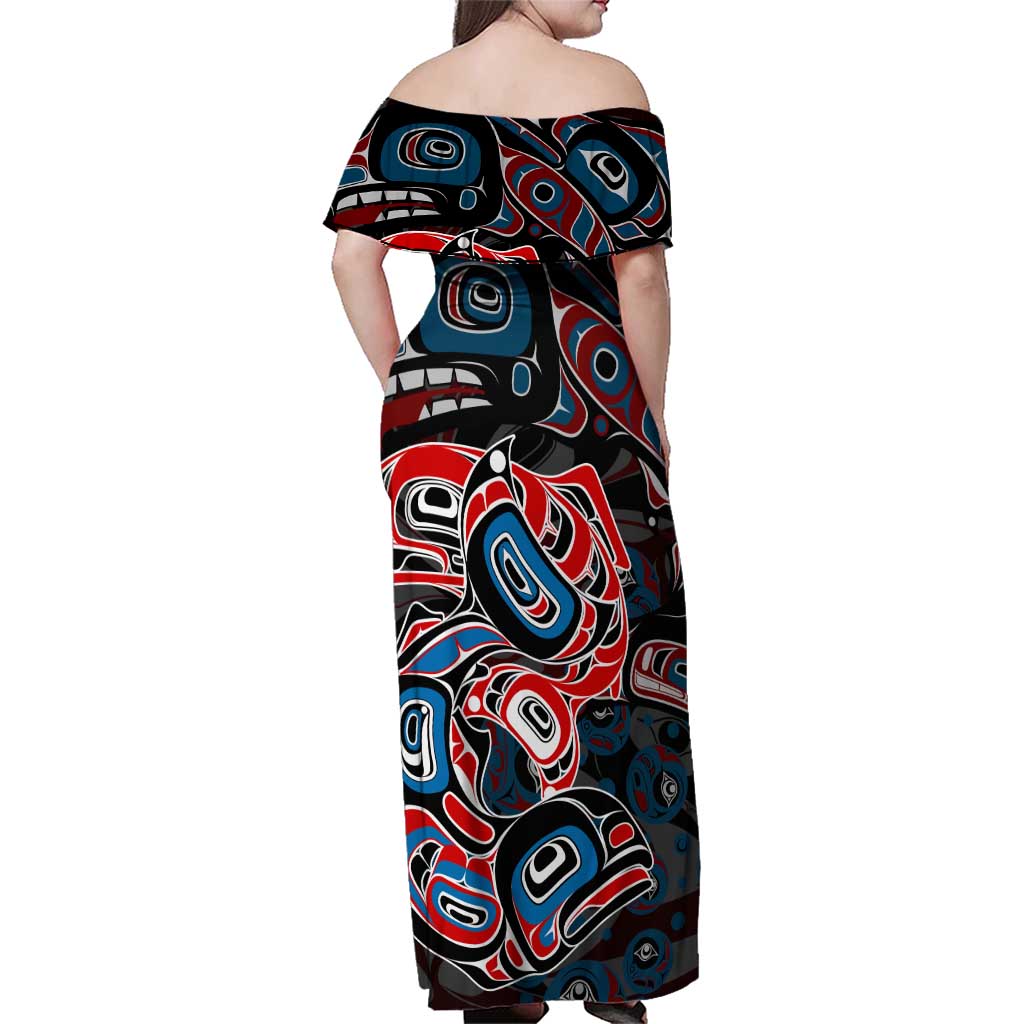 Haida Native Art Fish Family Matching Off Shoulder Maxi Dress and Hawaiian Shirt Canada Indigenous Art