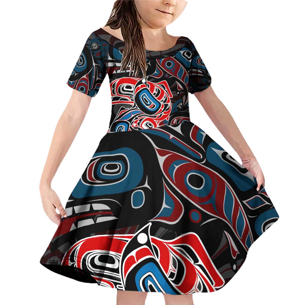 Haida Native Art Fish Family Matching Off Shoulder Short Dress and Hawaiian Shirt Canada Indigenous Art