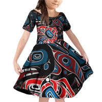 Haida Native Art Fish Family Matching Off Shoulder Short Dress and Hawaiian Shirt Canada Indigenous Art