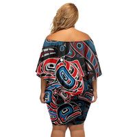 Haida Native Art Fish Family Matching Off Shoulder Short Dress and Hawaiian Shirt Canada Indigenous Art