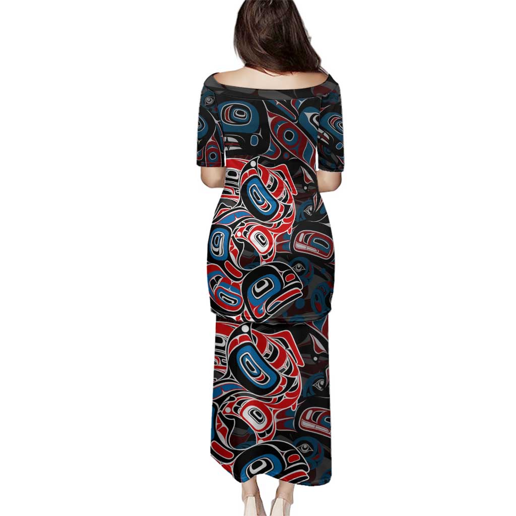 Haida Native Art Fish Family Matching Puletasi and Hawaiian Shirt Canada Indigenous Art