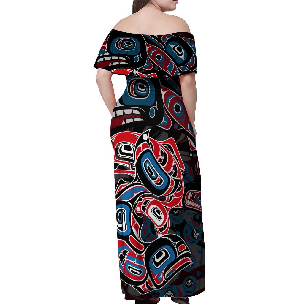 Haida Native Art Fish Off Shoulder Maxi Dress Canada Indigenous Art