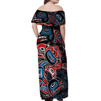Haida Native Art Fish Off Shoulder Maxi Dress Canada Indigenous Art