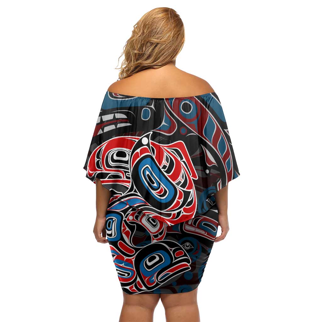Haida Native Art Fish Off Shoulder Short Dress Canada Indigenous Art