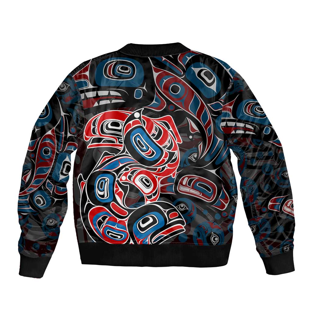 Haida Native Art Fish Sleeve Zip Bomber Jacket Canada Indigenous Art