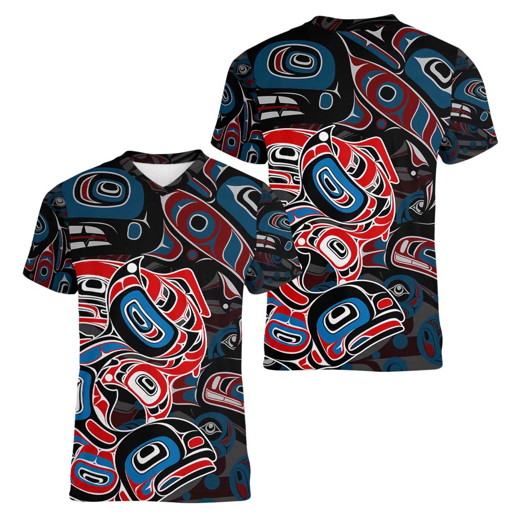 Haida Native Art Fish Women V-Neck T-Shirt Canada Indigenous Art