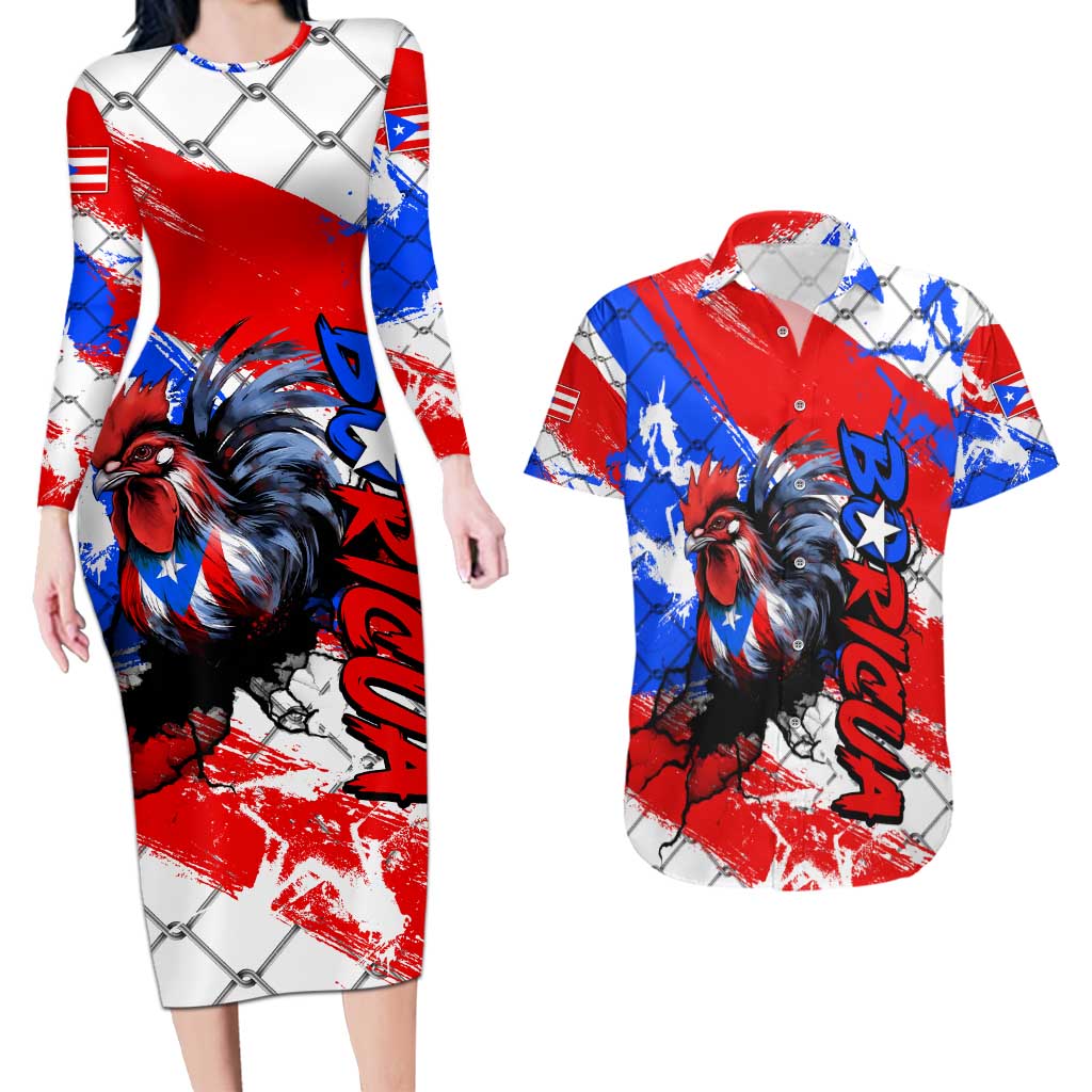 Boricua Pride Rooster Flag Puerto Rico Couples Matching Long Sleeve Bodycon Dress and Hawaiian Shirt