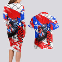 Boricua Pride Rooster Flag Puerto Rico Couples Matching Long Sleeve Bodycon Dress and Hawaiian Shirt