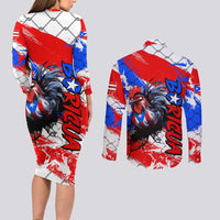 Boricua Pride Rooster Flag Puerto Rico Couples Matching Long Sleeve Bodycon Dress and Long Sleeve Button Shirt