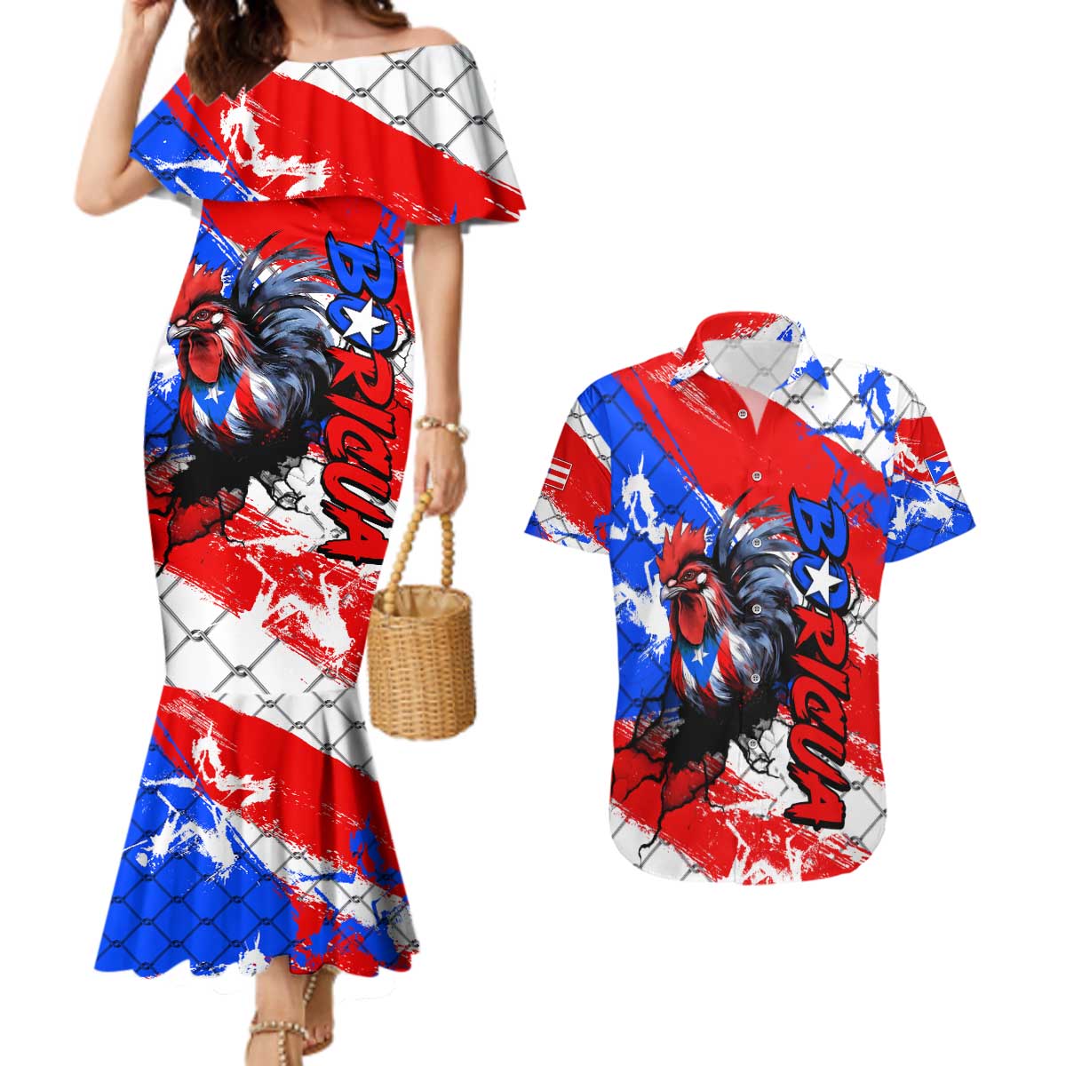 Boricua Pride Rooster Flag Puerto Rico Couples Matching Mermaid Dress and Hawaiian Shirt