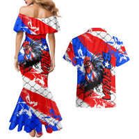 Boricua Pride Rooster Flag Puerto Rico Couples Matching Mermaid Dress and Hawaiian Shirt