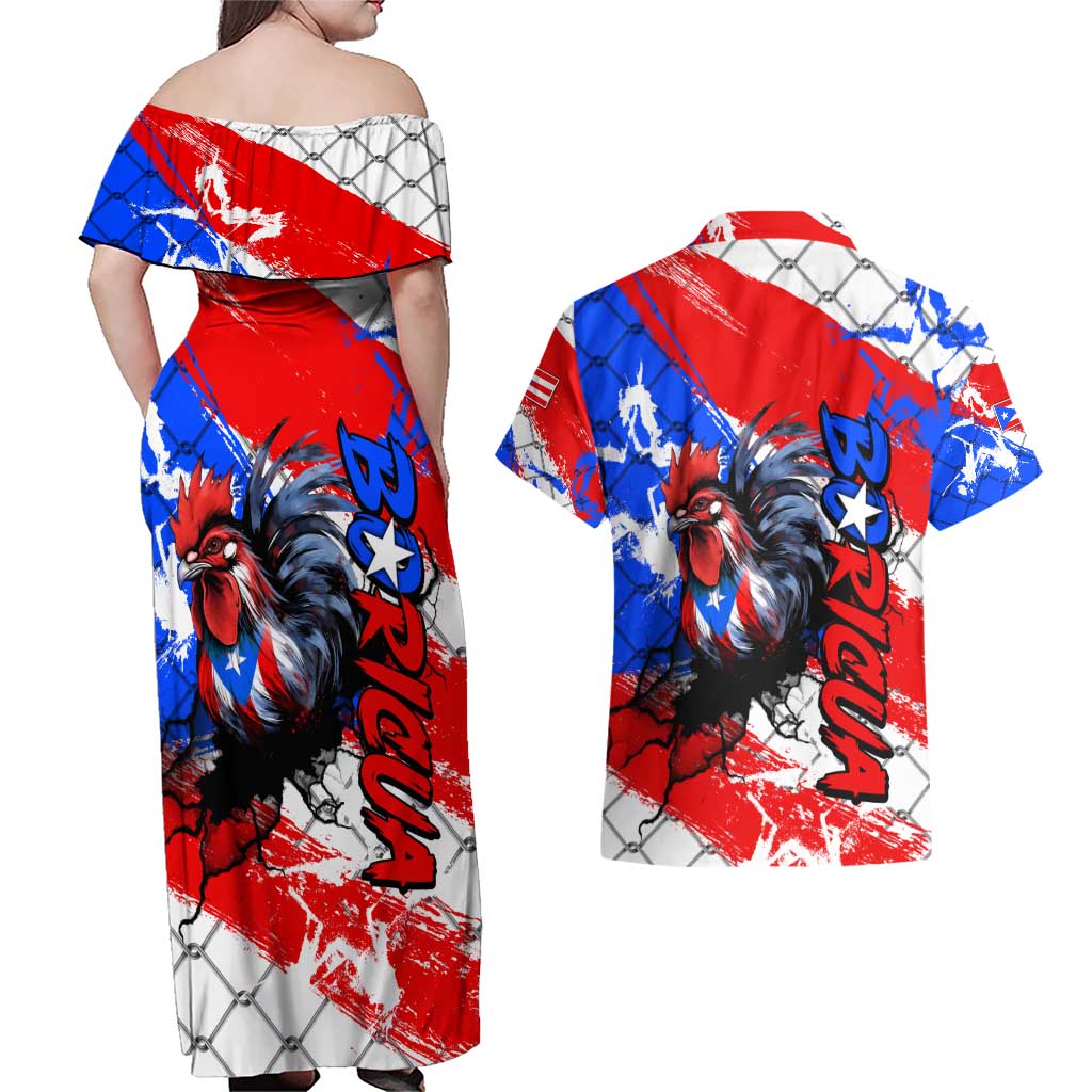 Boricua Pride Rooster Flag Puerto Rico Couples Matching Off Shoulder Maxi Dress and Hawaiian Shirt