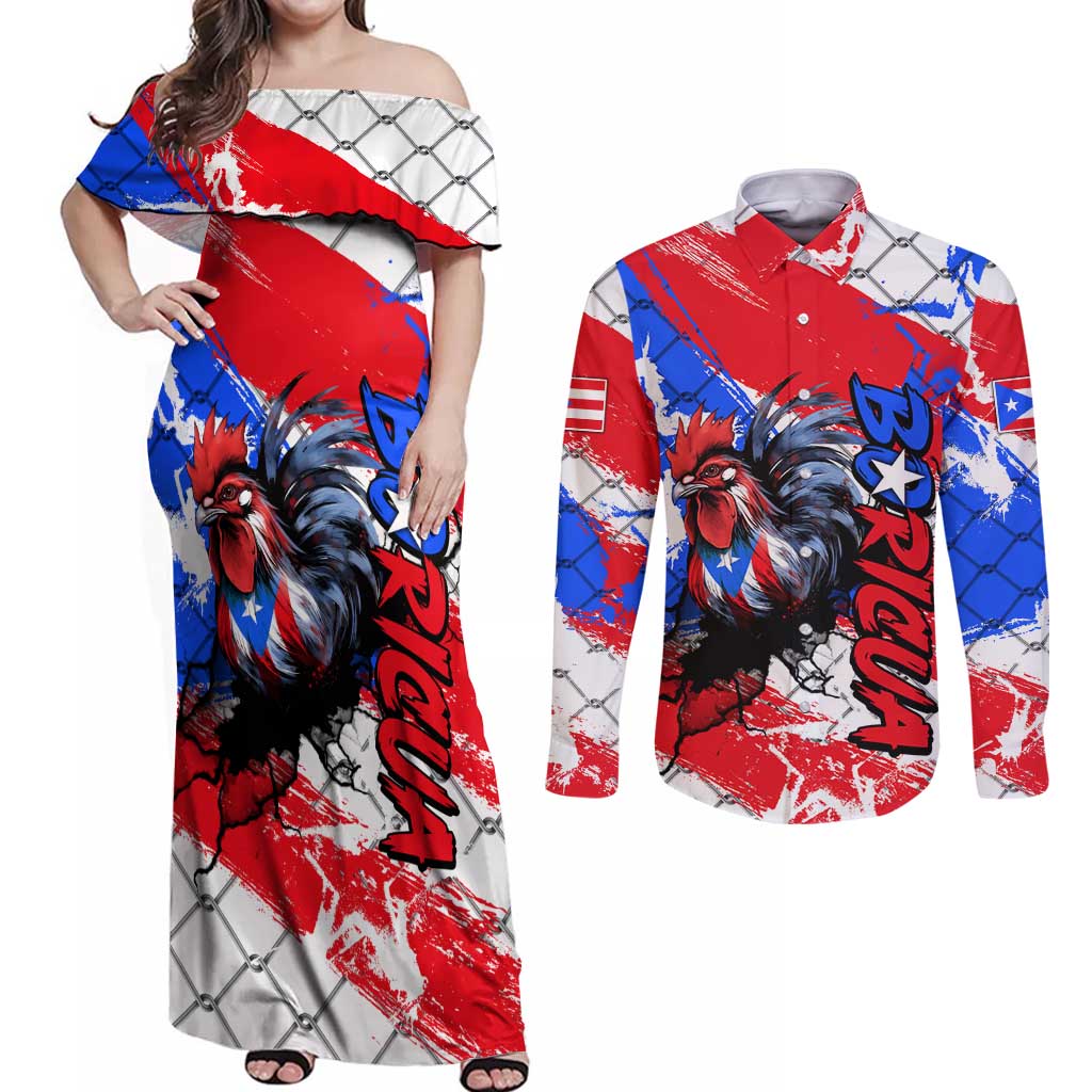 Boricua Pride Rooster Flag Puerto Rico Couples Matching Off Shoulder Maxi Dress and Long Sleeve Button Shirt