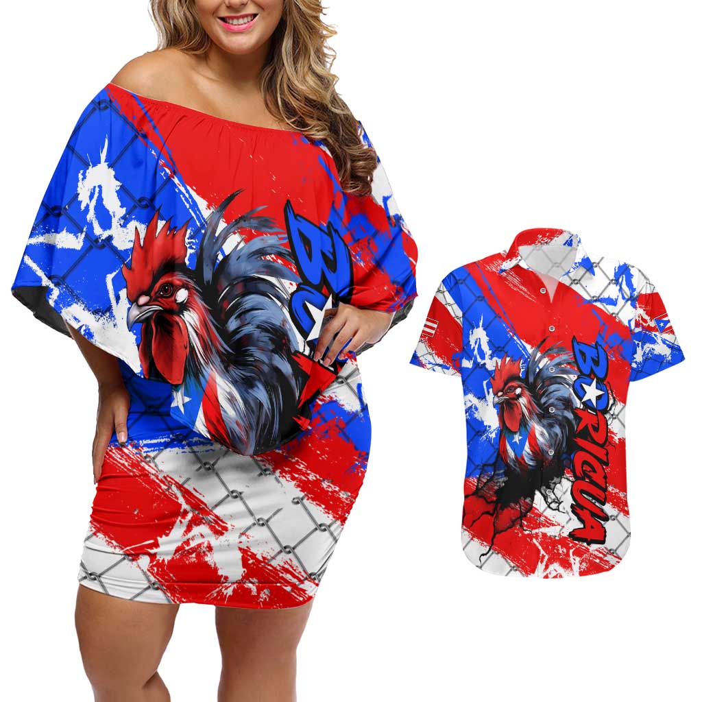 Boricua Pride Rooster Flag Puerto Rico Couples Matching Off Shoulder Short Dress and Hawaiian Shirt