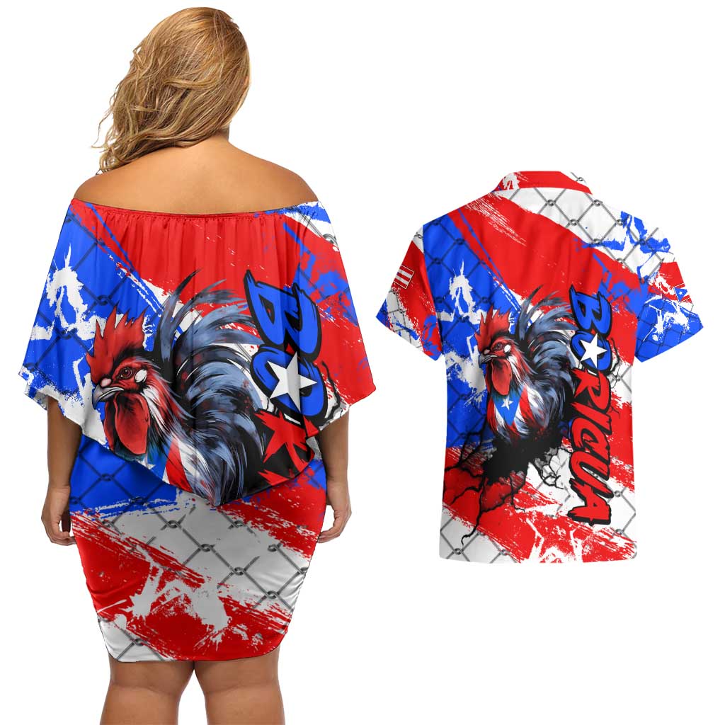 Boricua Pride Rooster Flag Puerto Rico Couples Matching Off Shoulder Short Dress and Hawaiian Shirt