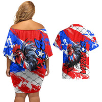 Boricua Pride Rooster Flag Puerto Rico Couples Matching Off Shoulder Short Dress and Hawaiian Shirt