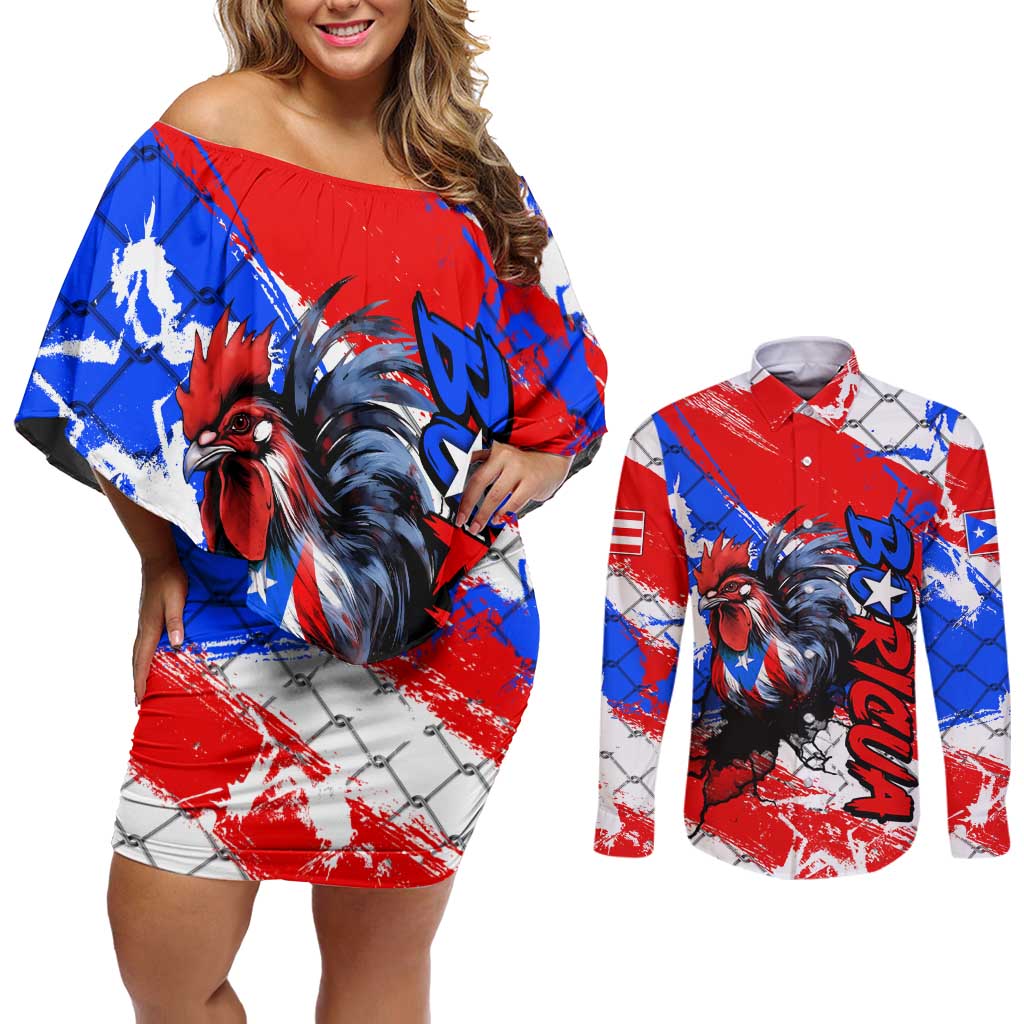 Boricua Pride Rooster Flag Puerto Rico Couples Matching Off Shoulder Short Dress and Long Sleeve Button Shirt