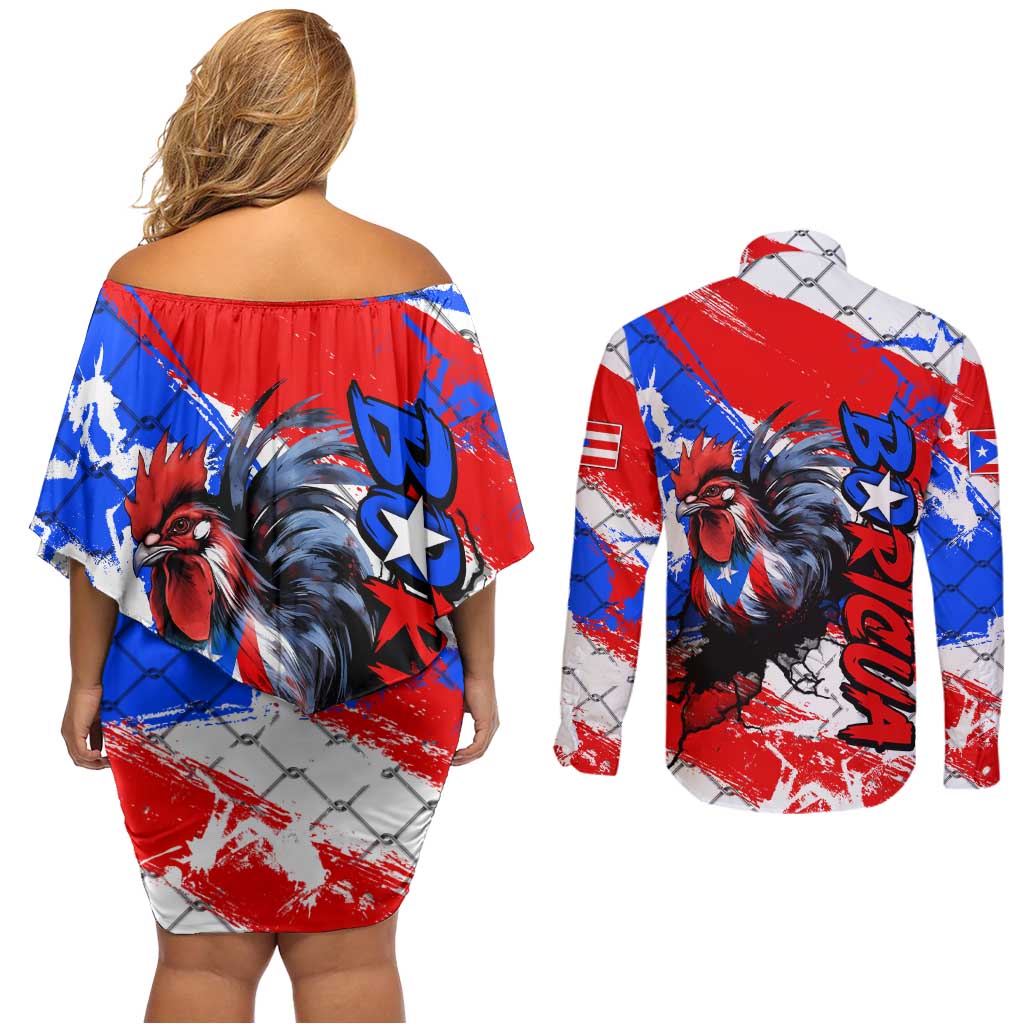 Boricua Pride Rooster Flag Puerto Rico Couples Matching Off Shoulder Short Dress and Long Sleeve Button Shirt