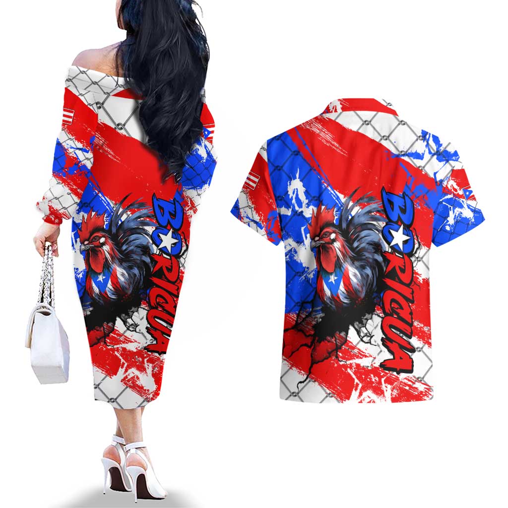 Boricua Pride Rooster Flag Puerto Rico Couples Matching Off The Shoulder Long Sleeve Dress and Hawaiian Shirt