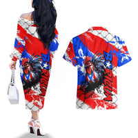 Boricua Pride Rooster Flag Puerto Rico Couples Matching Off The Shoulder Long Sleeve Dress and Hawaiian Shirt