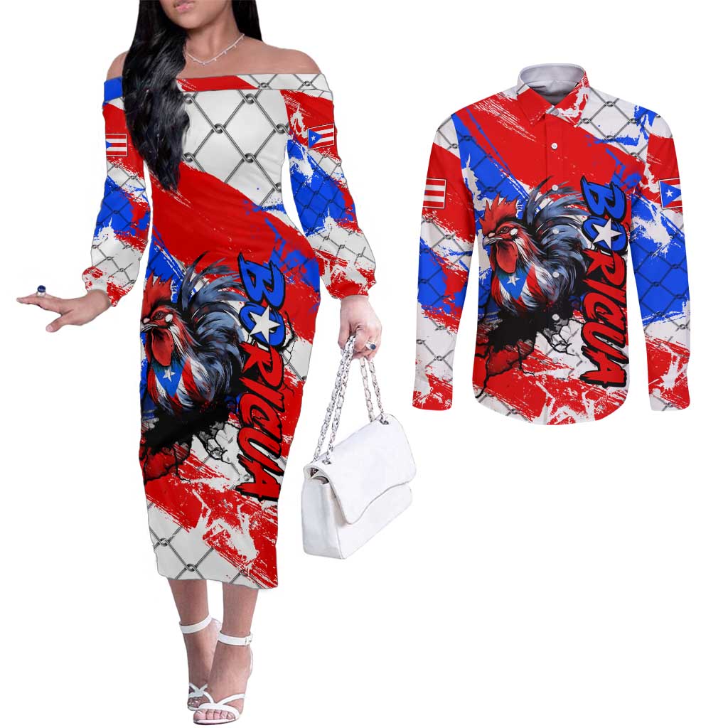 Boricua Pride Rooster Flag Puerto Rico Couples Matching Off The Shoulder Long Sleeve Dress and Long Sleeve Button Shirt
