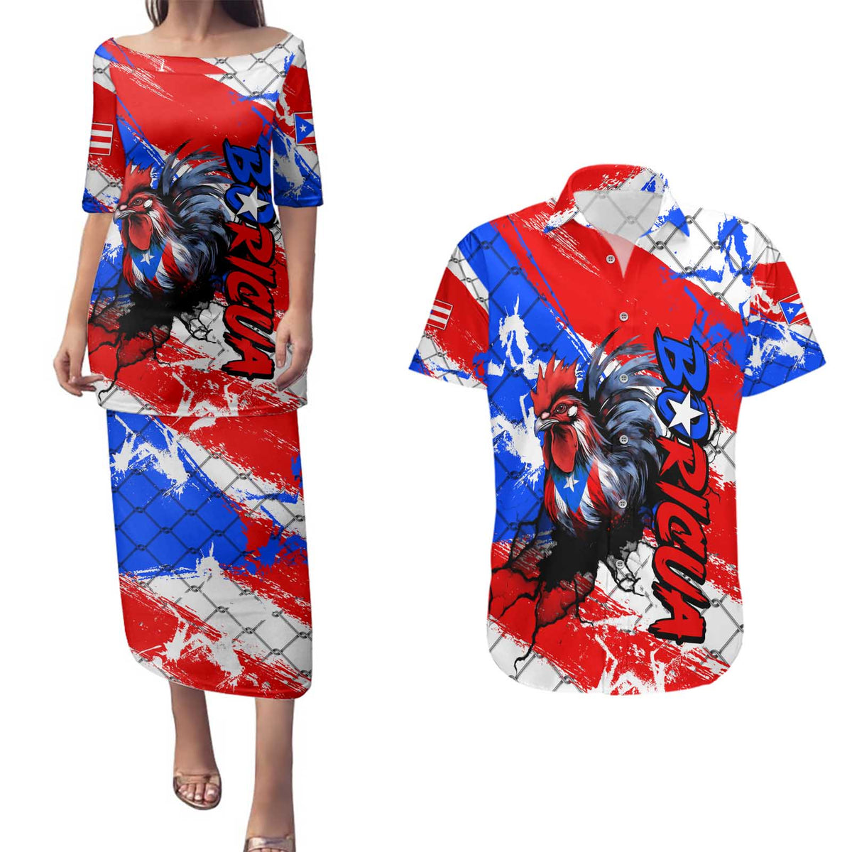Boricua Pride Rooster Flag Puerto Rico Couples Matching Puletasi and Hawaiian Shirt