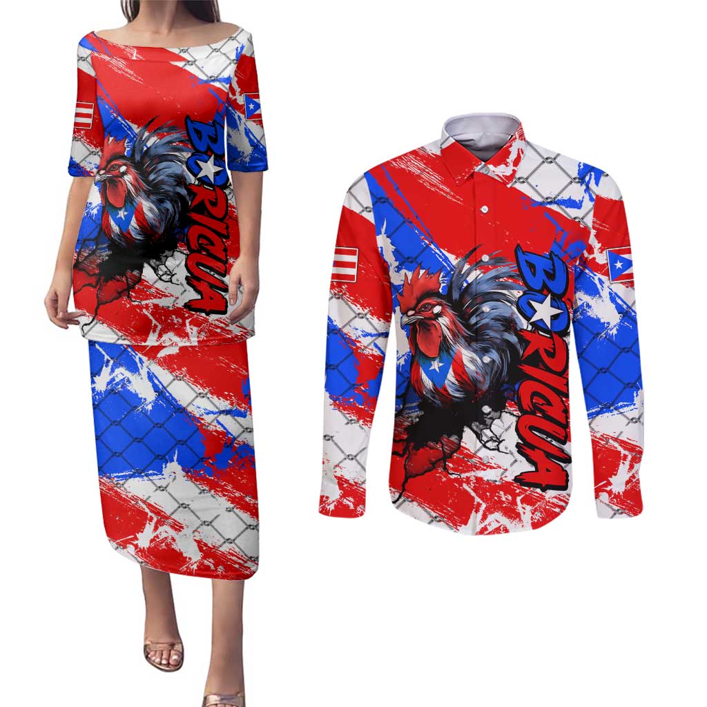 Boricua Pride Rooster Flag Puerto Rico Couples Matching Puletasi and Long Sleeve Button Shirt