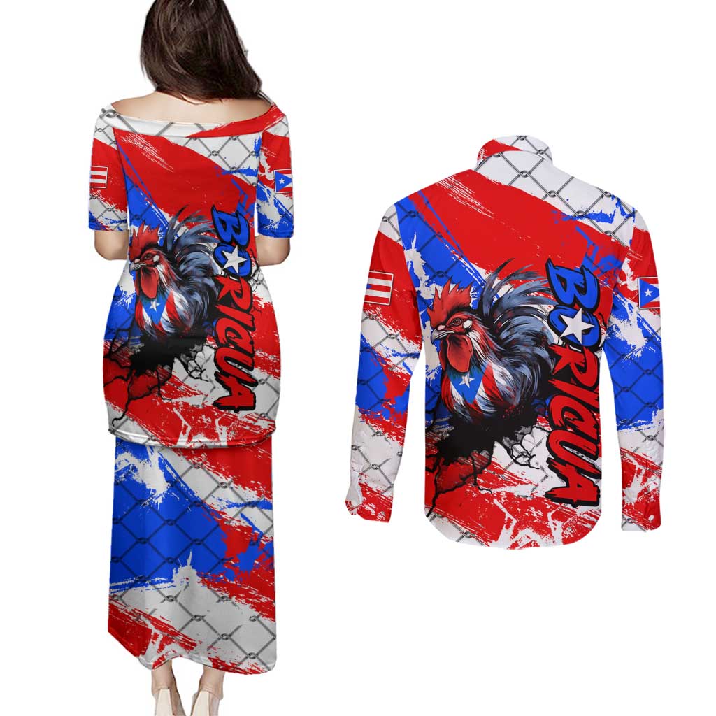 Boricua Pride Rooster Flag Puerto Rico Couples Matching Puletasi and Long Sleeve Button Shirt