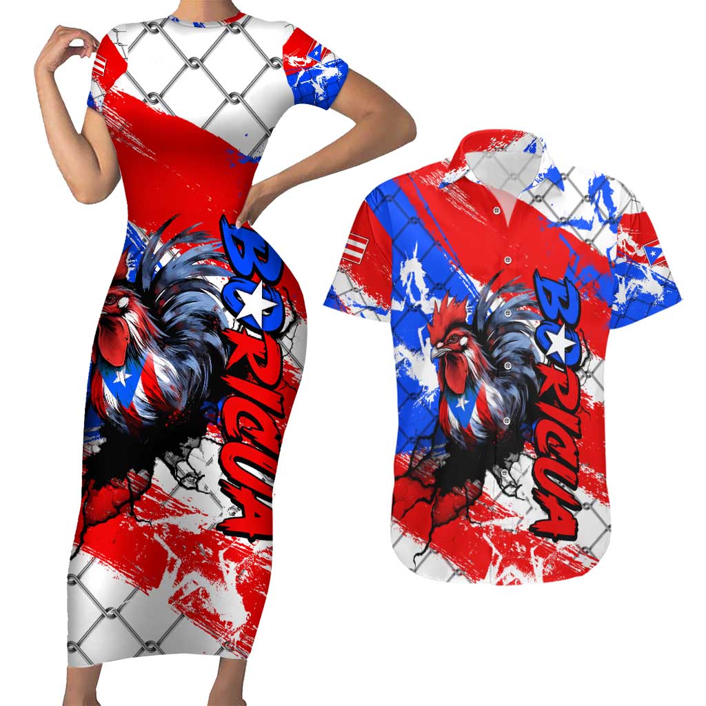 Boricua Pride Rooster Flag Puerto Rico Couples Matching Short Sleeve Bodycon Dress and Hawaiian Shirt