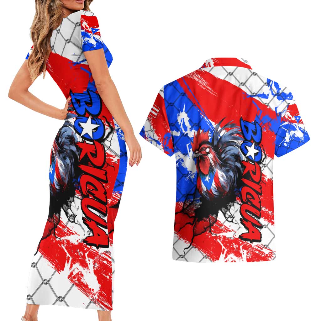 Boricua Pride Rooster Flag Puerto Rico Couples Matching Short Sleeve Bodycon Dress and Hawaiian Shirt