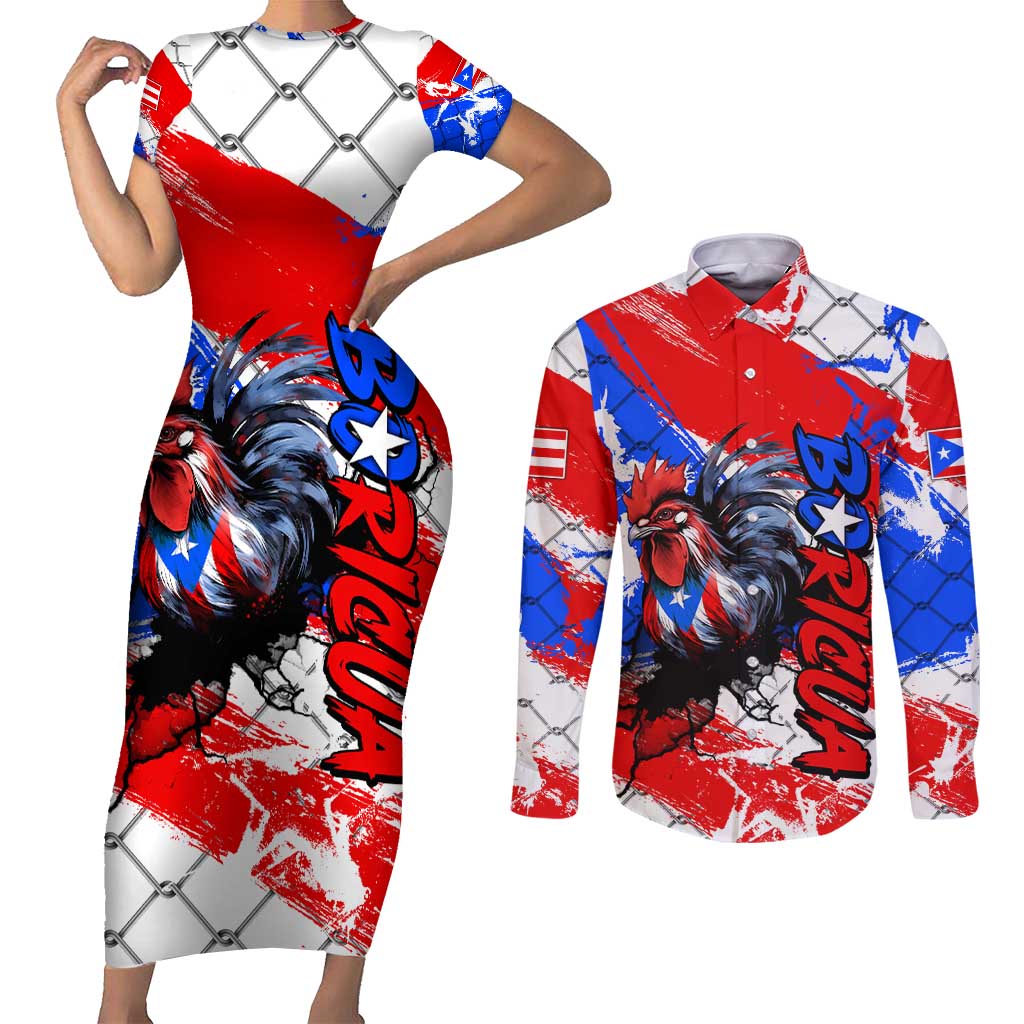 Boricua Pride Rooster Flag Puerto Rico Couples Matching Short Sleeve Bodycon Dress and Long Sleeve Button Shirt