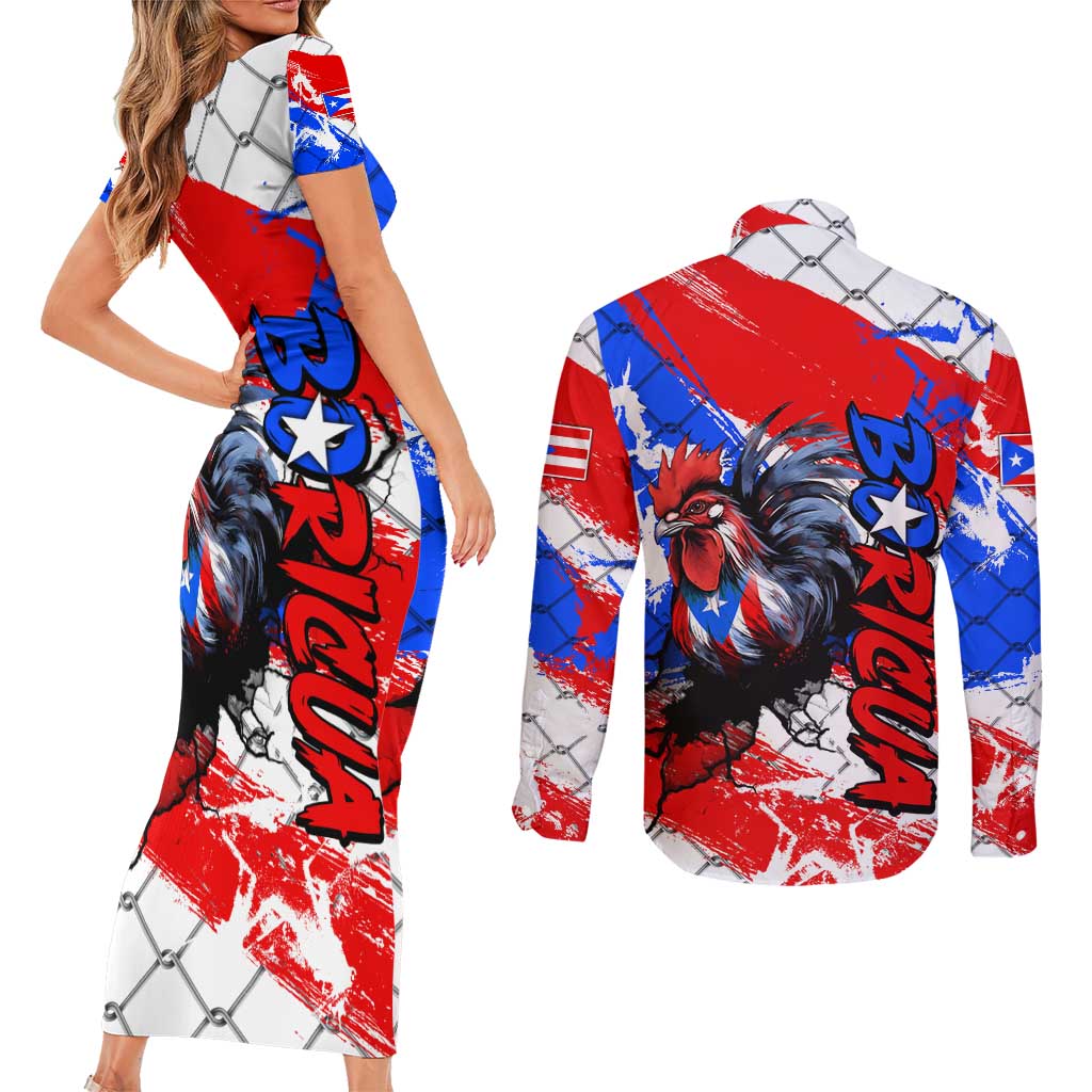 Boricua Pride Rooster Flag Puerto Rico Couples Matching Short Sleeve Bodycon Dress and Long Sleeve Button Shirt