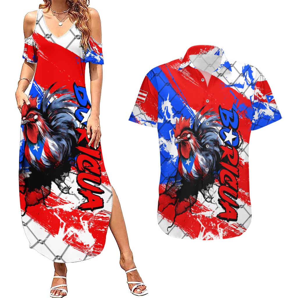 Boricua Pride Rooster Flag Puerto Rico Couples Matching Summer Maxi Dress and Hawaiian Shirt