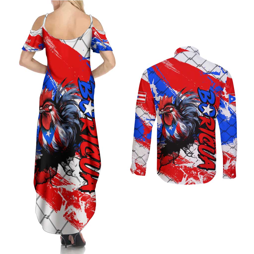 Boricua Pride Rooster Flag Puerto Rico Couples Matching Summer Maxi Dress and Long Sleeve Button Shirt