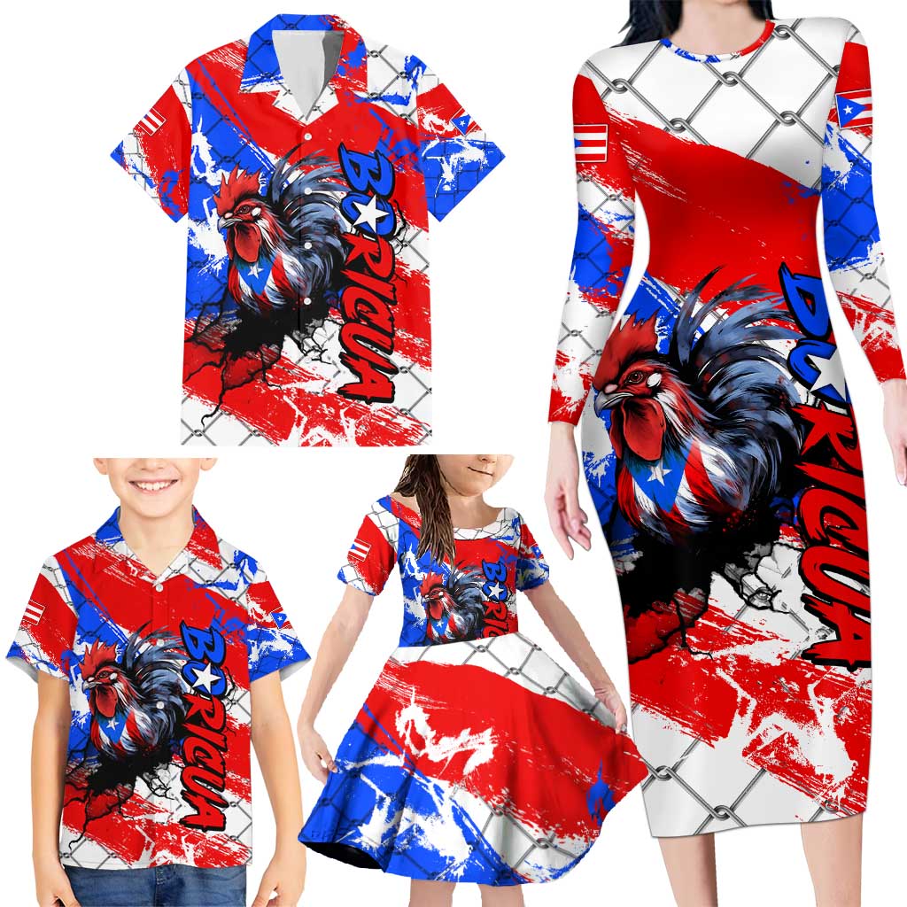 Boricua Pride Rooster Flag Puerto Rico Family Matching Long Sleeve Bodycon Dress and Hawaiian Shirt