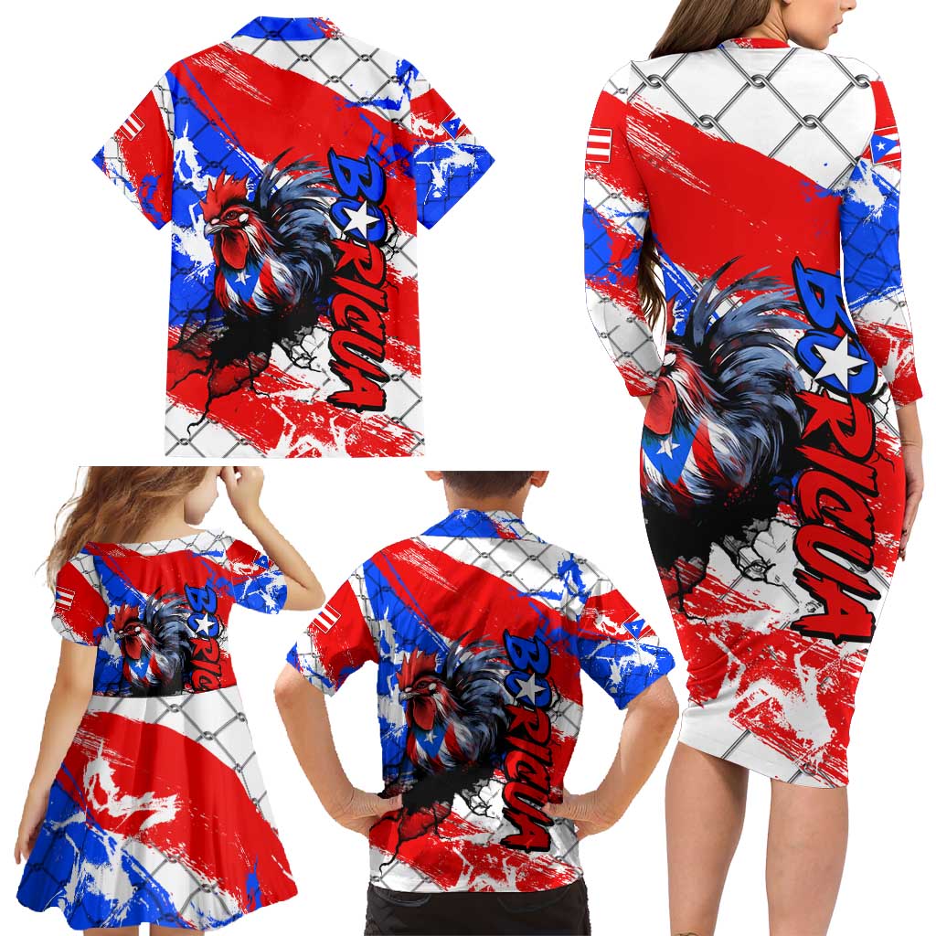 Boricua Pride Rooster Flag Puerto Rico Family Matching Long Sleeve Bodycon Dress and Hawaiian Shirt