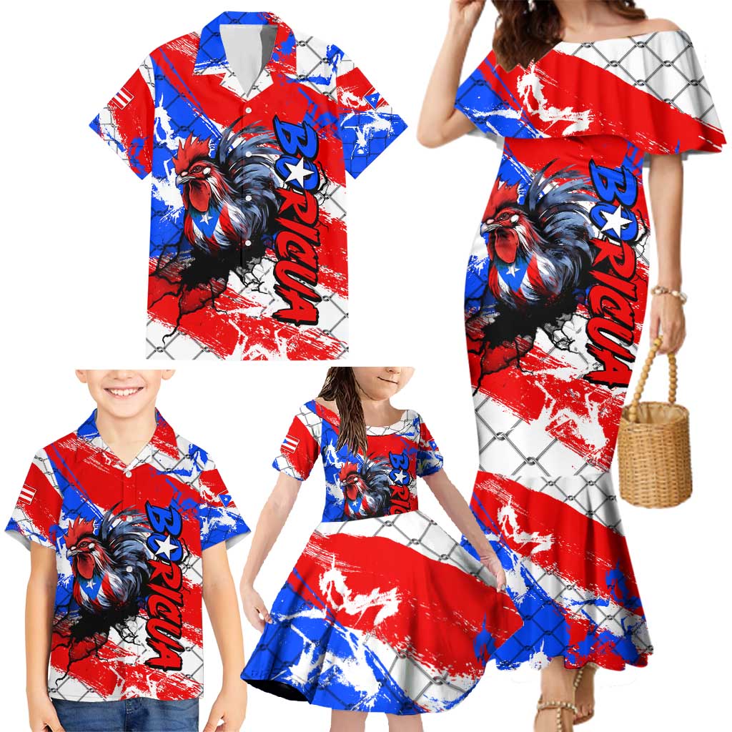 Boricua Pride Rooster Flag Puerto Rico Family Matching Mermaid Dress and Hawaiian Shirt