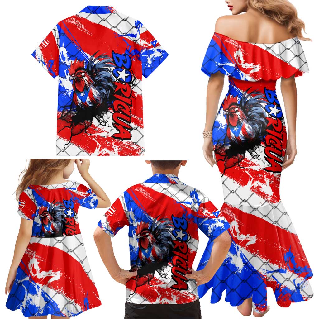 Boricua Pride Rooster Flag Puerto Rico Family Matching Mermaid Dress and Hawaiian Shirt