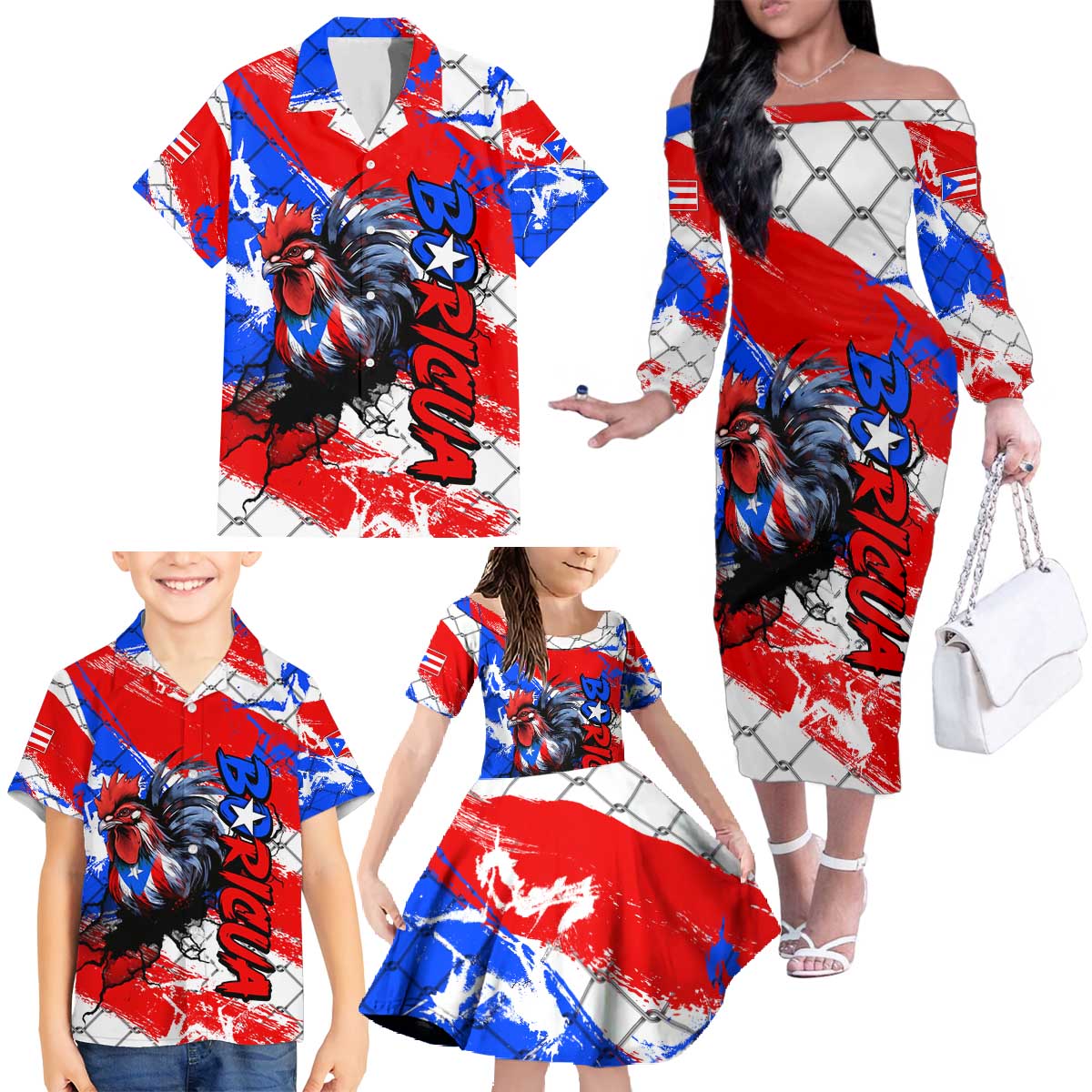 Boricua Pride Rooster Flag Puerto Rico Family Matching Off The Shoulder Long Sleeve Dress and Hawaiian Shirt