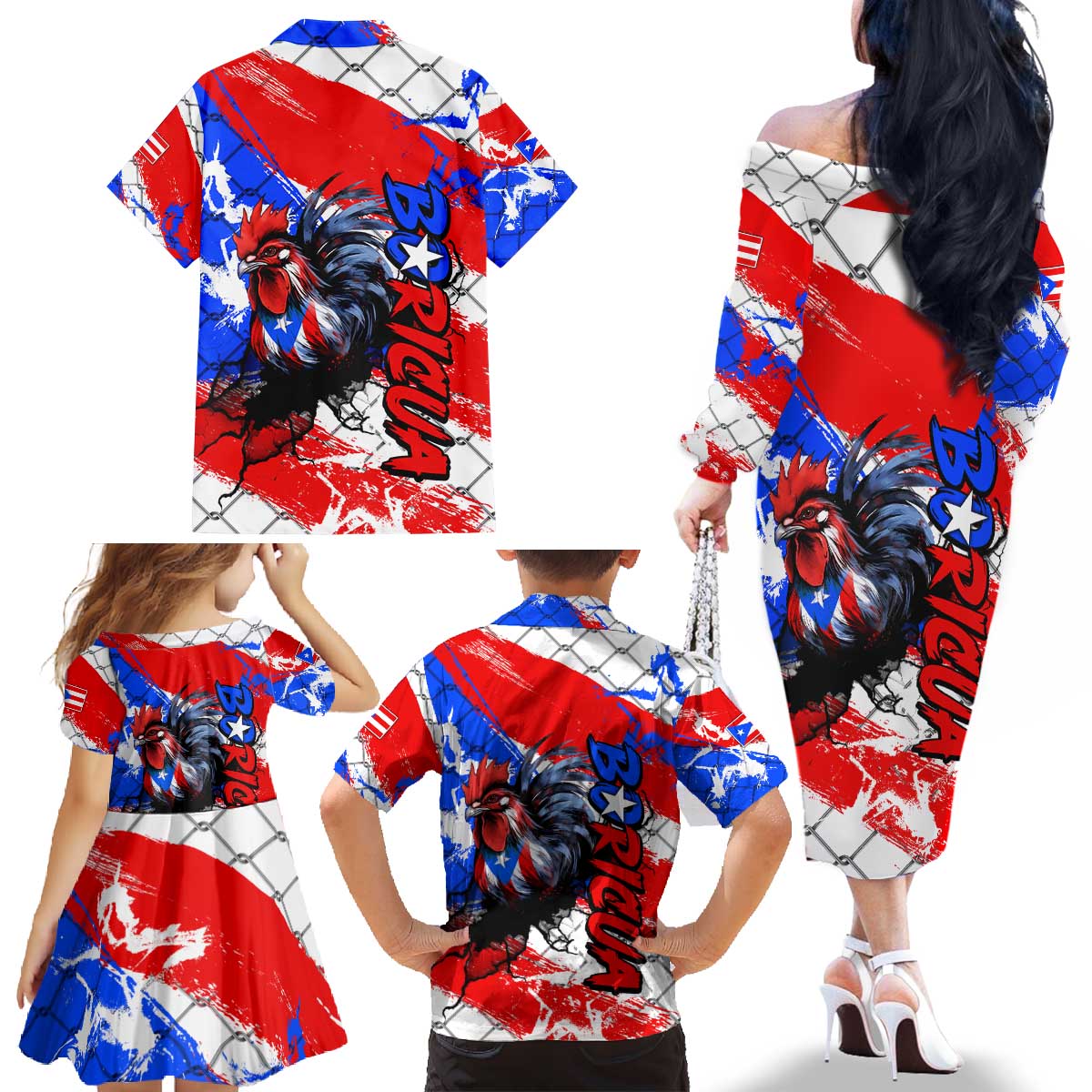 Boricua Pride Rooster Flag Puerto Rico Family Matching Off The Shoulder Long Sleeve Dress and Hawaiian Shirt